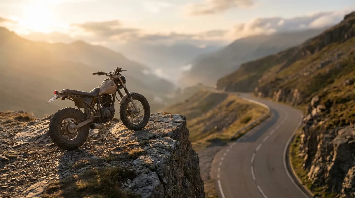 Yamaha TW 125 : Fiabilité à l'épreuve des sentiers Une moto Yamaha TW 125 robuste garée sur une route de montagne sinueuse au lever du soleil, symbolisant sa fiabilité et son esprit d'aventure.