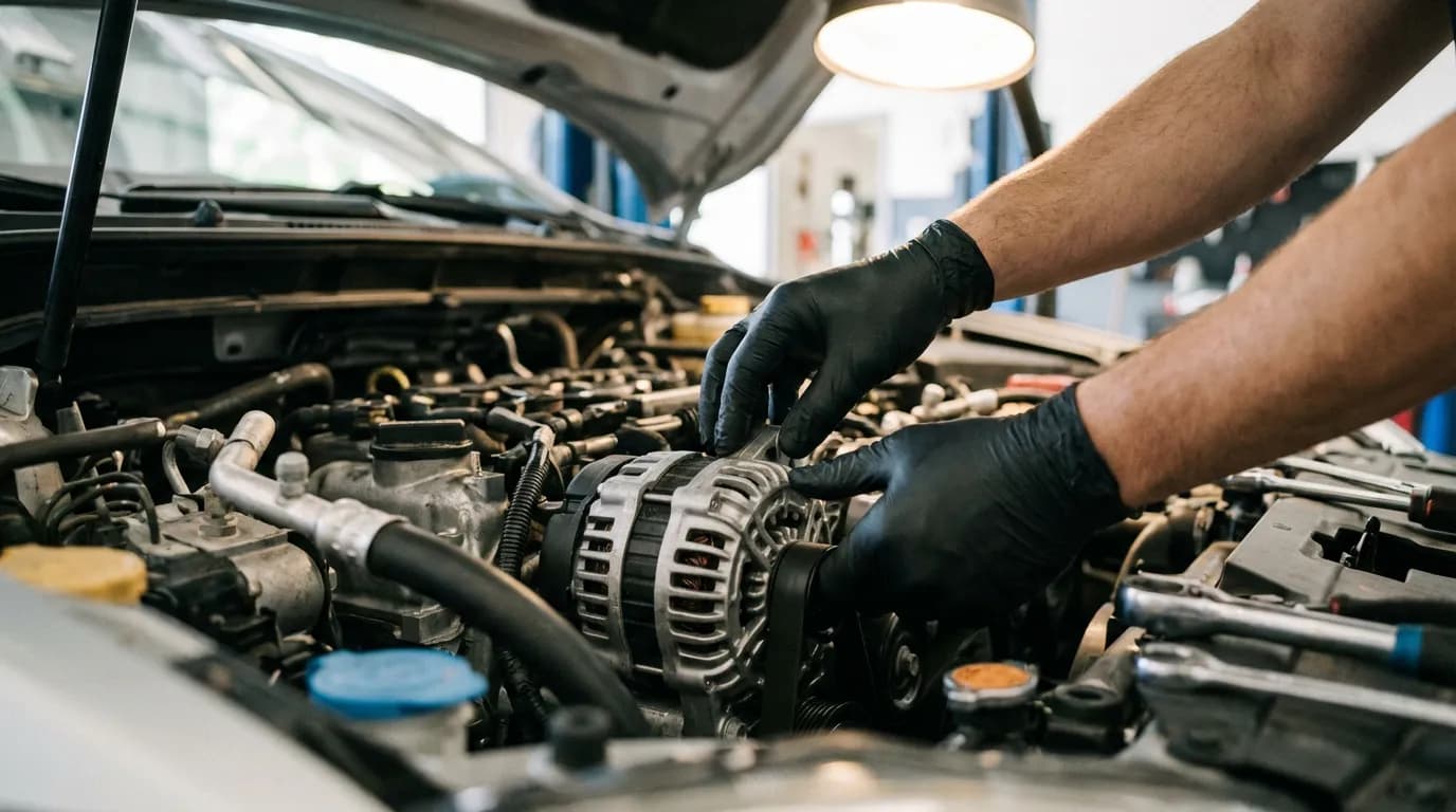 Inspection du Système de Charge Photo détaillée des mains d'un mécanicien inspectant un alternateur dans un compartiment moteur, illustrant une étape du diagnostic de panne.