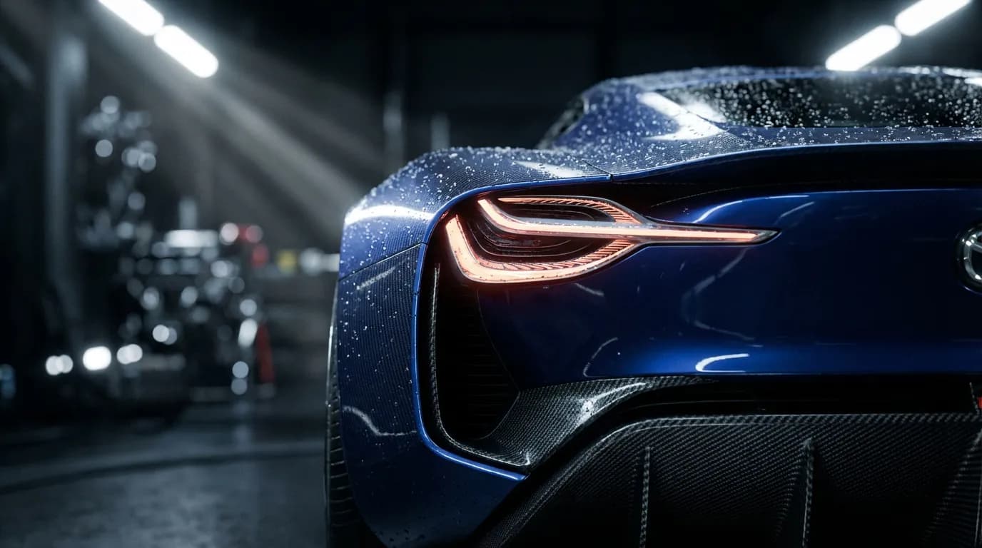 Design et lignes de la future RX-6 Détail du design arrière d'un concept car Mazda RX-6, mettant en avant ses lignes fluides et ses feux futuristes sous un éclairage de studio.