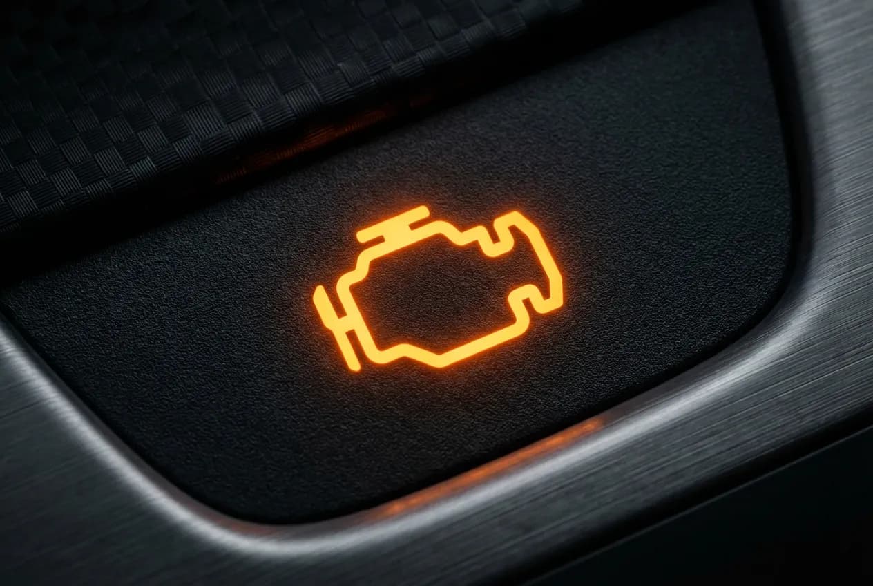 Code P2015 Audi VW : Causes, Symptômes et Réparation TDI Gros plan iconique du voyant moteur orange allumé sur un tableau de bord, symbolisant l'alerte du code défaut P2015.