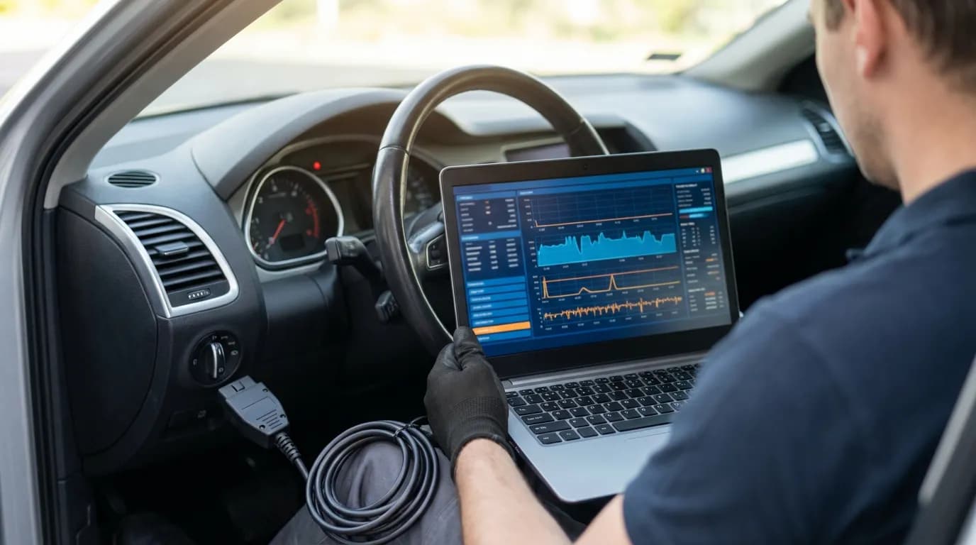 Utilisation du Logiciel Can Clip Renault Un technicien utilisant le logiciel de diagnostic Can Clip Renault sur un ordinateur portable connecté à l'intérieur d'un véhicule.