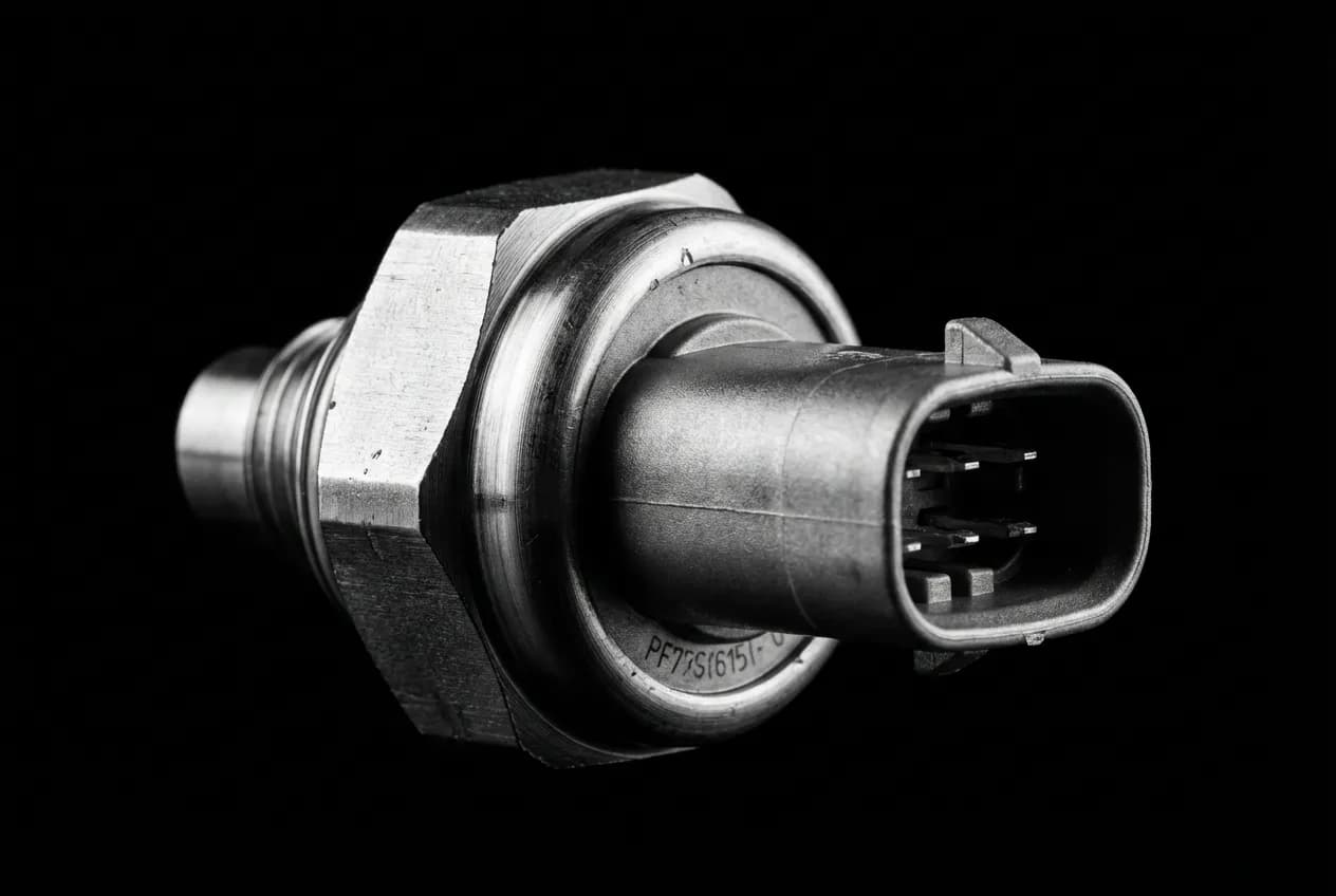 P0093 Peugeot 1.6 HDI : guide de diagnostic et réparation Photographie macro et minimaliste d'un capteur de pression de carburant, une cause fréquente du code P0093 sur les moteurs 1.6 HDI.