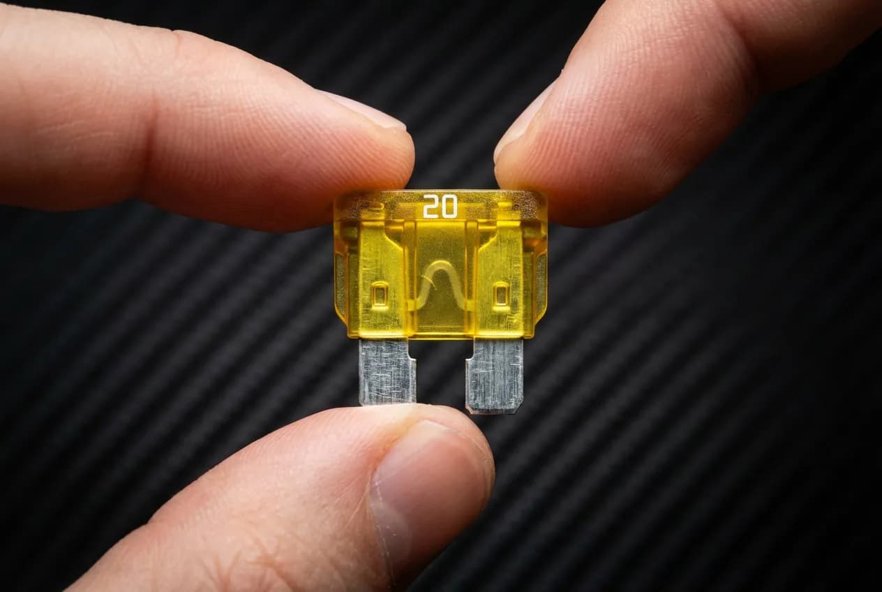 Fusible lave-glace C3 : où le trouver et comment le changer ? Gros plan sur un fusible automobile jaune de 20A, tenu entre deux doigts, symbolisant le fusible du lave-glace de la C3.