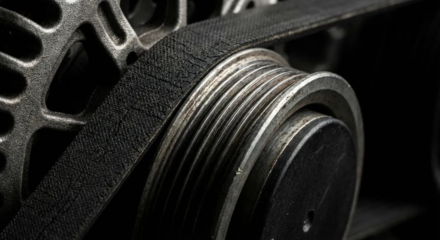 Bruit courroie alternateur à froid : causes et solutions Gros plan minimaliste d'une poulie d'alternateur et sa courroie, miniature d'article.