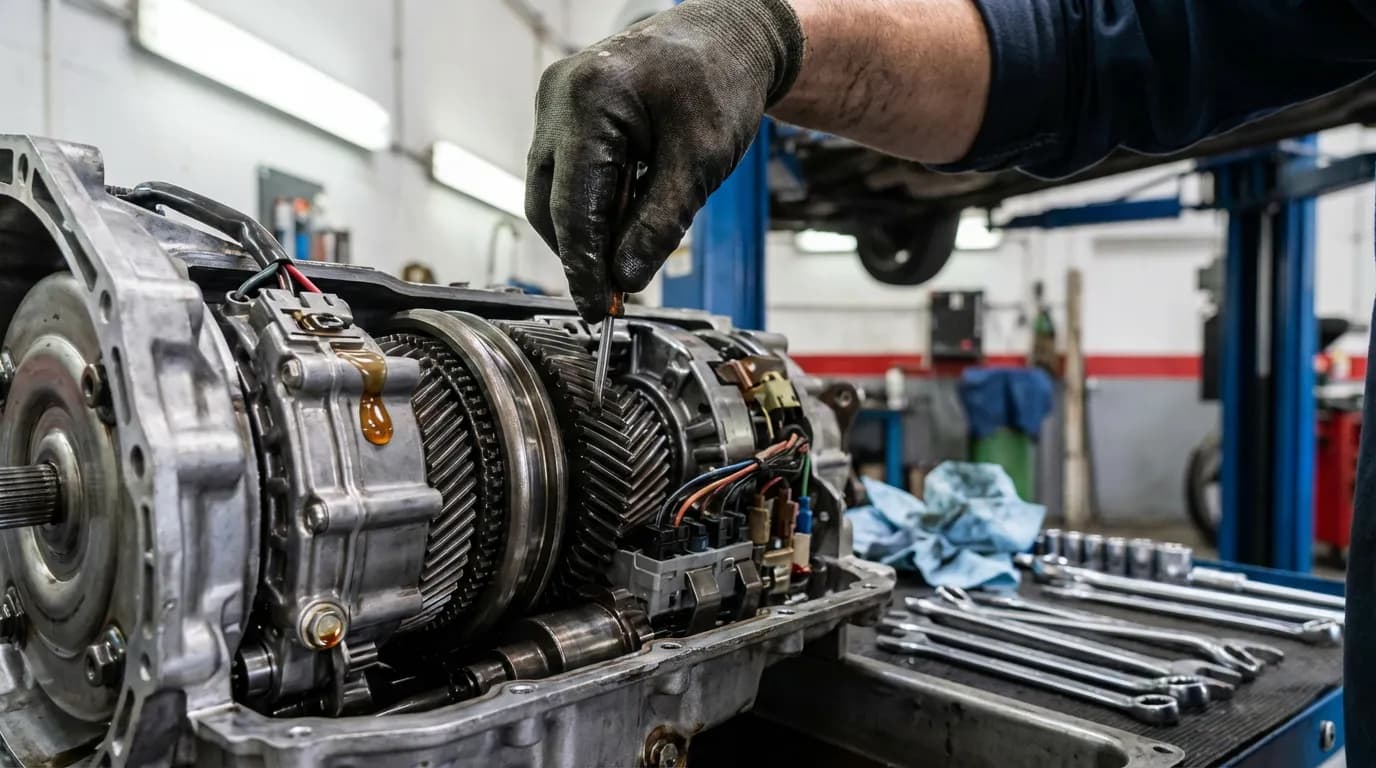 Entretien de la boite automatique Clio 3 Mécanicien expert effectuant la vidange et l'entretien sur une boite de vitesse automatique de Clio 3 dans un garage.