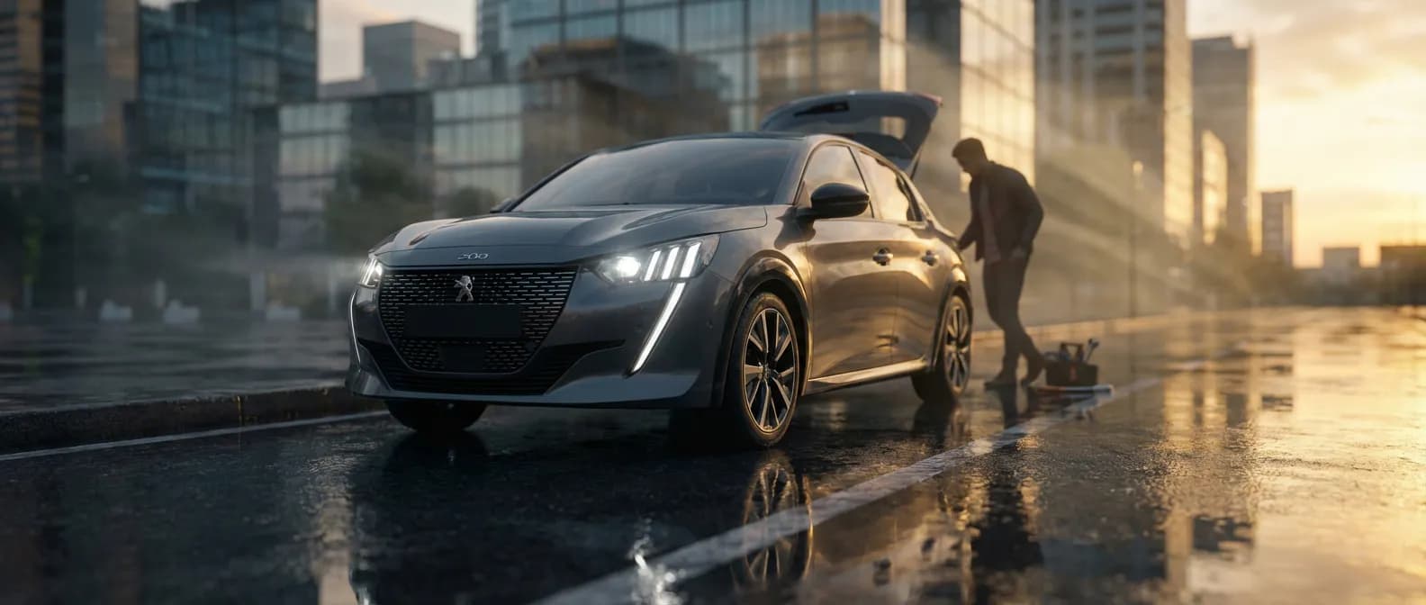 Peugeot 208 : Réinitialisation de la Pression des Pneus – Vue Générale Peugeot 208 élégante garée au lever du soleil, voyant de pression des pneus réinitialisé, style magazine automobile.