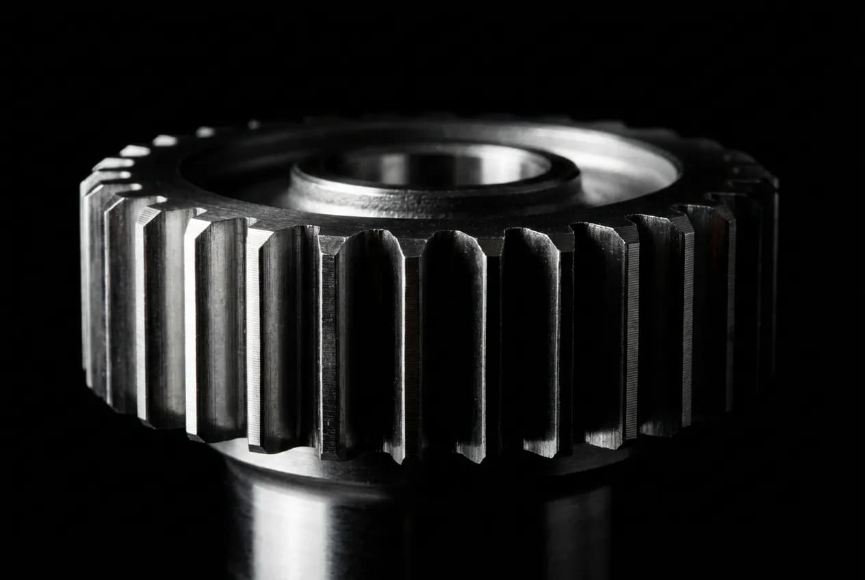 Garantie moteur boîte pont : ce qu'elle couvre vraiment Gros plan iconique d'un engrenage de boîte de vitesses sur fond noir, représentant le concept de garantie mécanique.