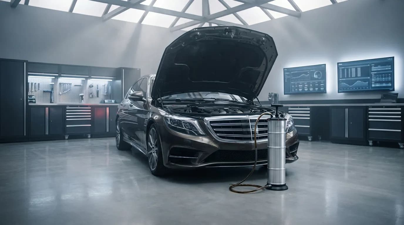 Technologie de vidange par aspiration Vidange par aspiration en cours sur un moteur de voiture de luxe dans un garage moderne et propre, illustrant la technologie et la simplicité du processus.