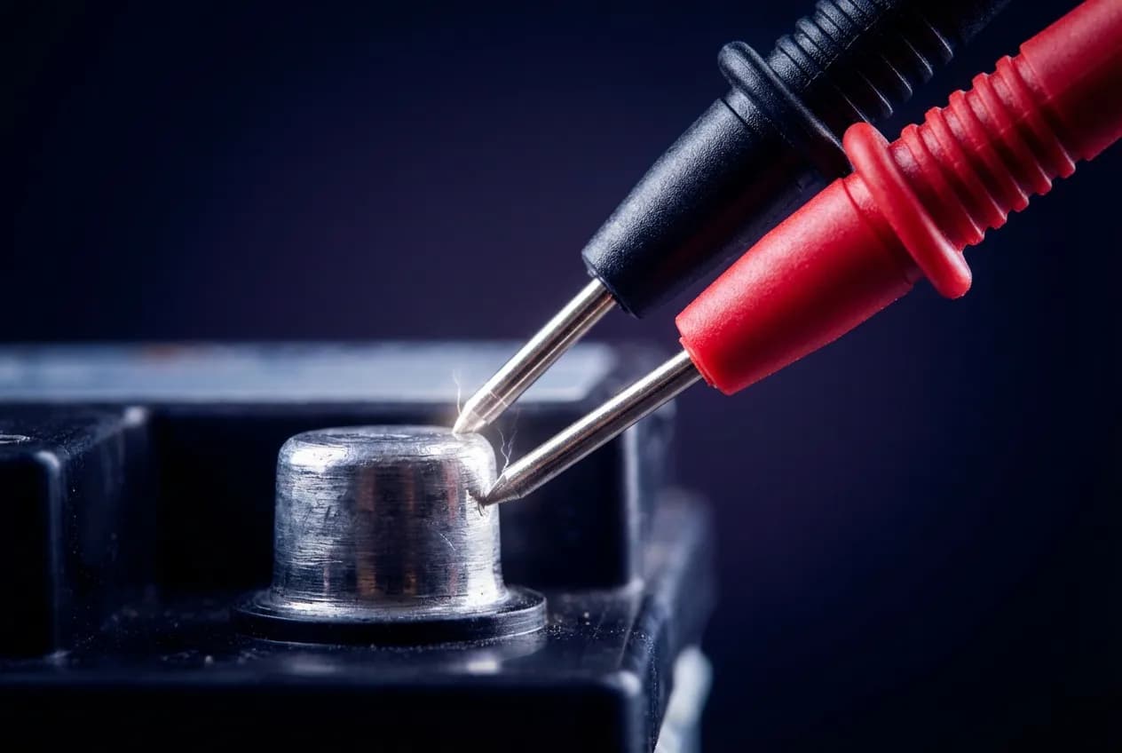 Charge batterie défaillante : causes et solutions pour votre auto Miniature en gros plan montrant des sondes de multimètre testant les bornes d'une batterie, icône du diagnostic d'une alimentation électrique défaillante.