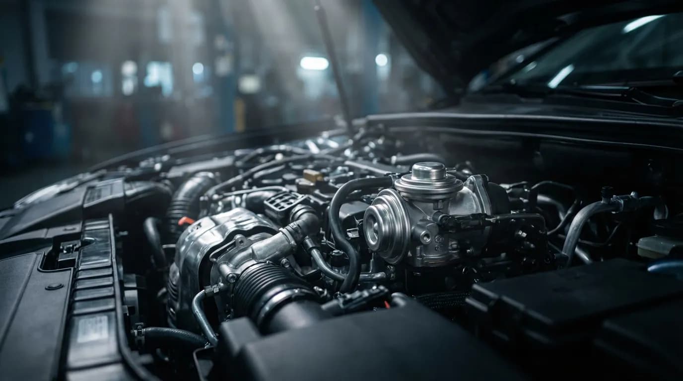 Moteur de voiture et code erreur P0488 Vue cinématique et détaillée d'un moteur de voiture moderne, mettant en lumière le système de vanne EGR, en lien avec le code erreur P0488.