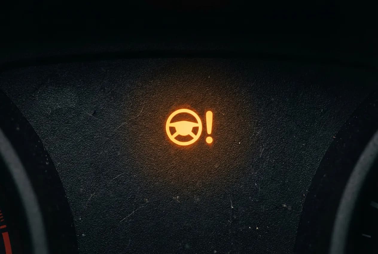 Défaillance direction assistée 207 : que faire ? Le guide Gros plan iconique et minimaliste du voyant de direction assistée allumé sur un fond noir.
