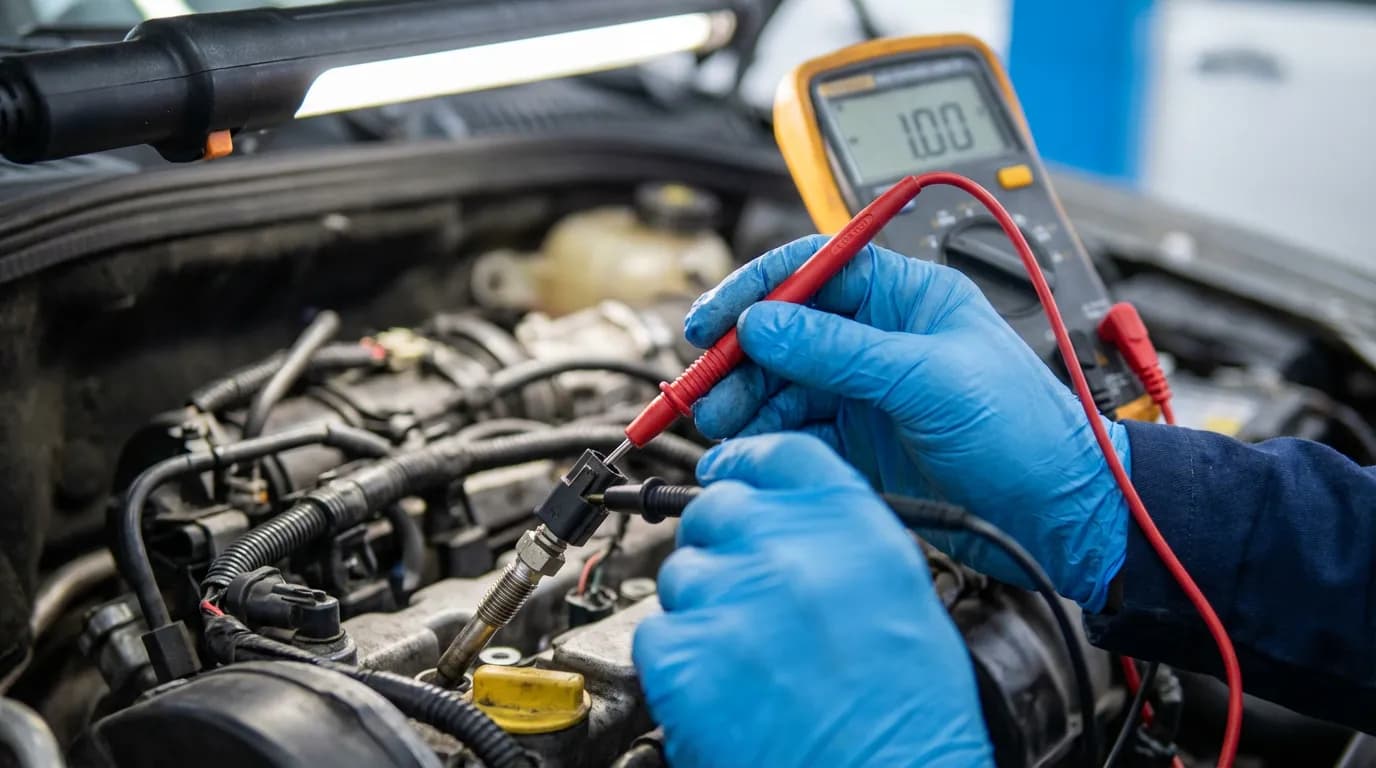 Diagnostic Panne Préchauffage Clio 2 Un mécanicien expert effectue un diagnostic précis sur une bougie de préchauffage d'un moteur de Clio 2 à l'aide d'un multimètre.