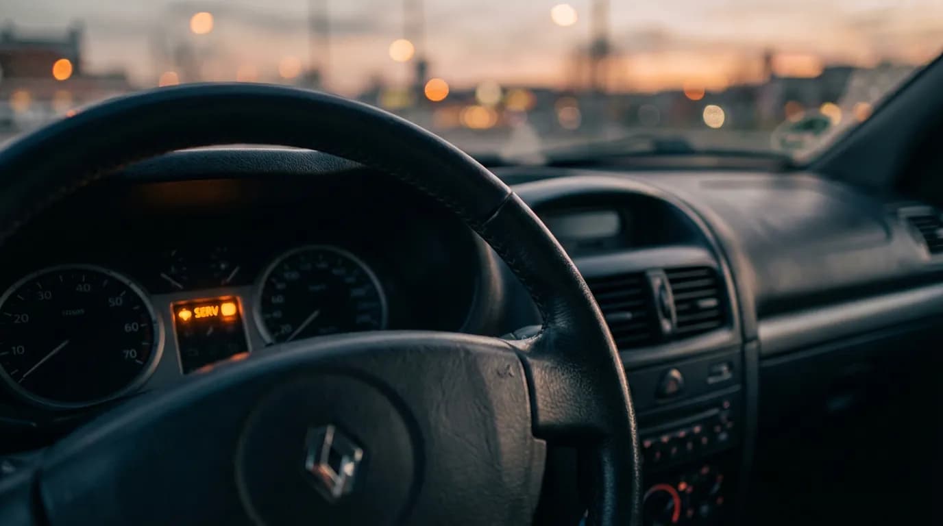 Voyant SERV Clio 2 allumé Tableau de bord d'une Clio 2 au crépuscule, avec un focus cinématique sur le voyant SERV orange intensément allumé, créant une ambiance de mystère.