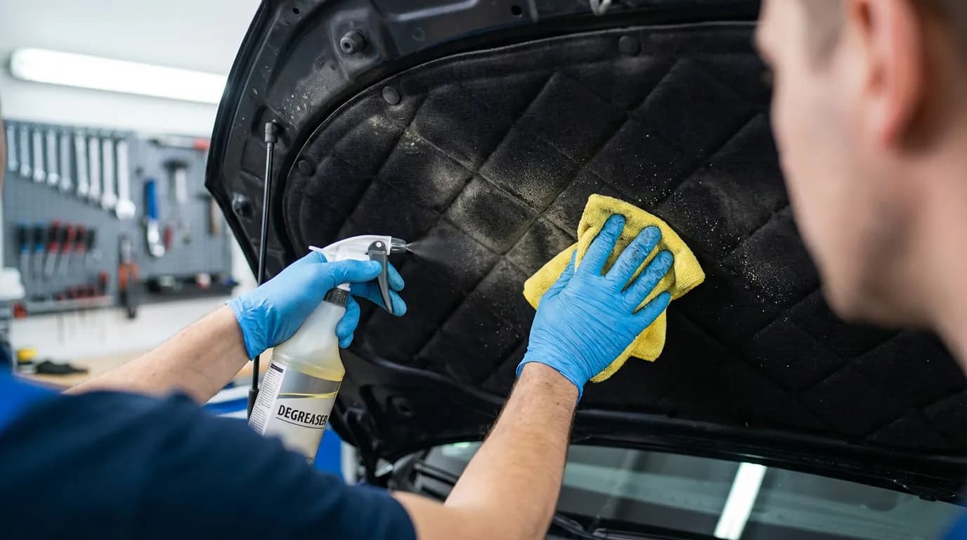 Nettoyage de l'isolant moteur Personne préparant et nettoyant l'isolant de capot moteur avant d'effectuer une réparation.