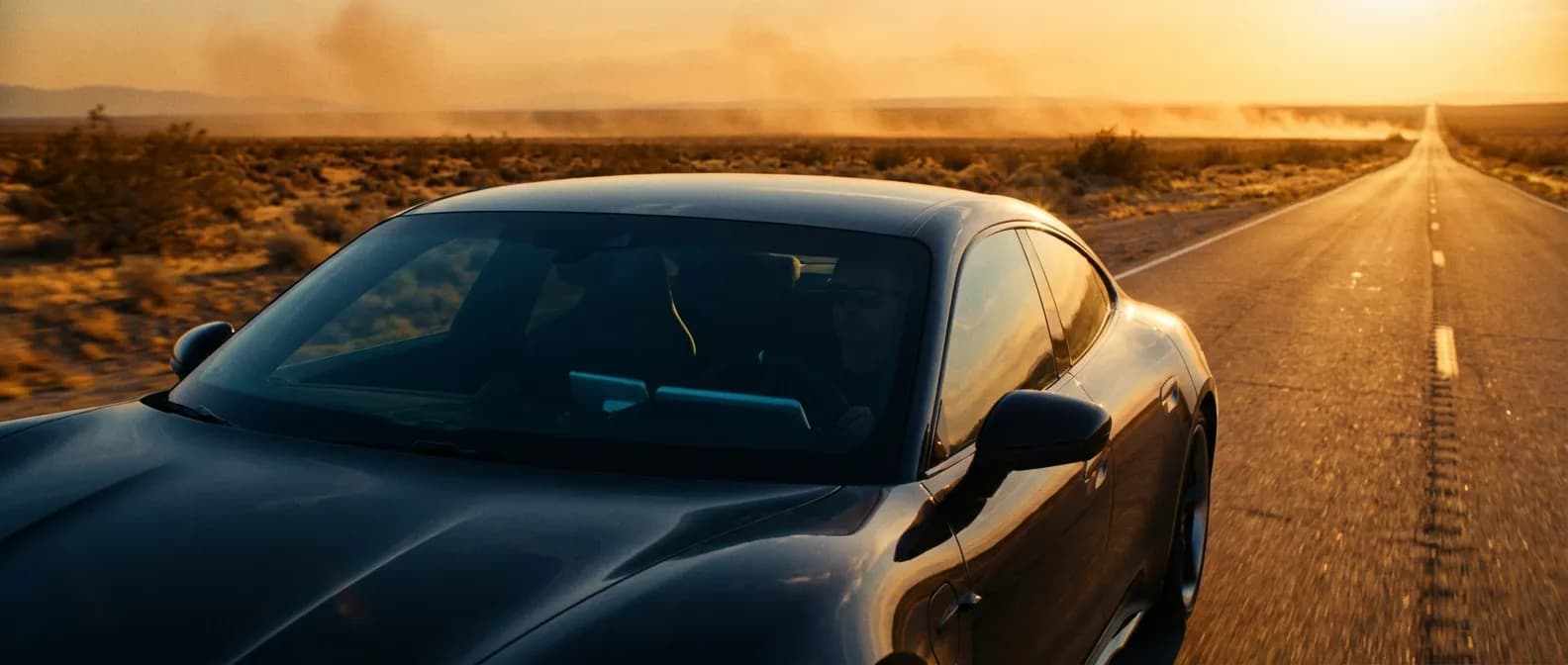 Installation climatisation voiture : Confort et fraîcheur en toutes circonstances. Image de bannière d'une voiture moderne roulant dans le désert, symbolisant le confort de la climatisation installée.