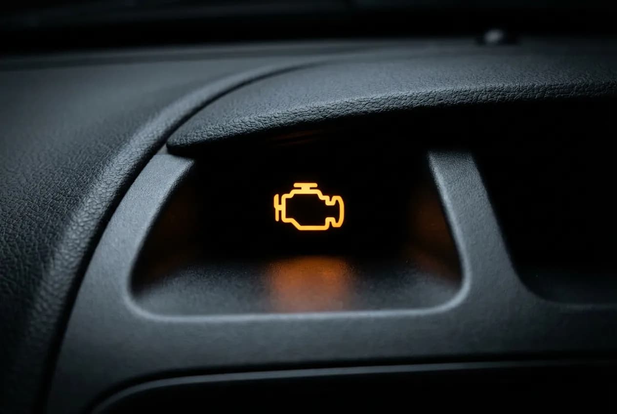 Code P0409 : Signification, Causes et Solutions de Réparation Gros plan d'un voyant moteur orange allumé sur un tableau de bord, symbole du code erreur P0409.