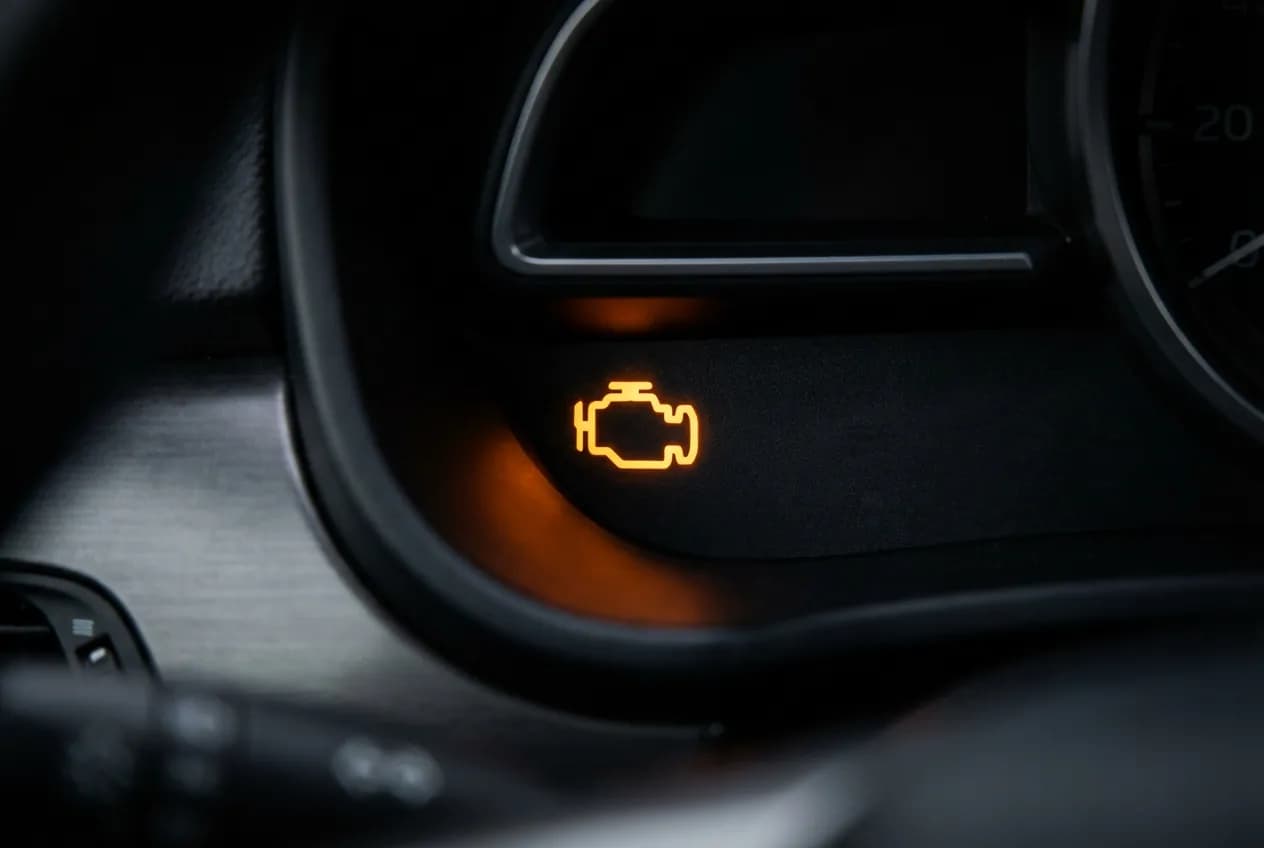 P0409 : Diagnostic et réparation du code défaut du capteur EGR Gros plan sur un voyant moteur orange allumé sur un tableau de bord, représentant un symptôme du code d'erreur P0409.