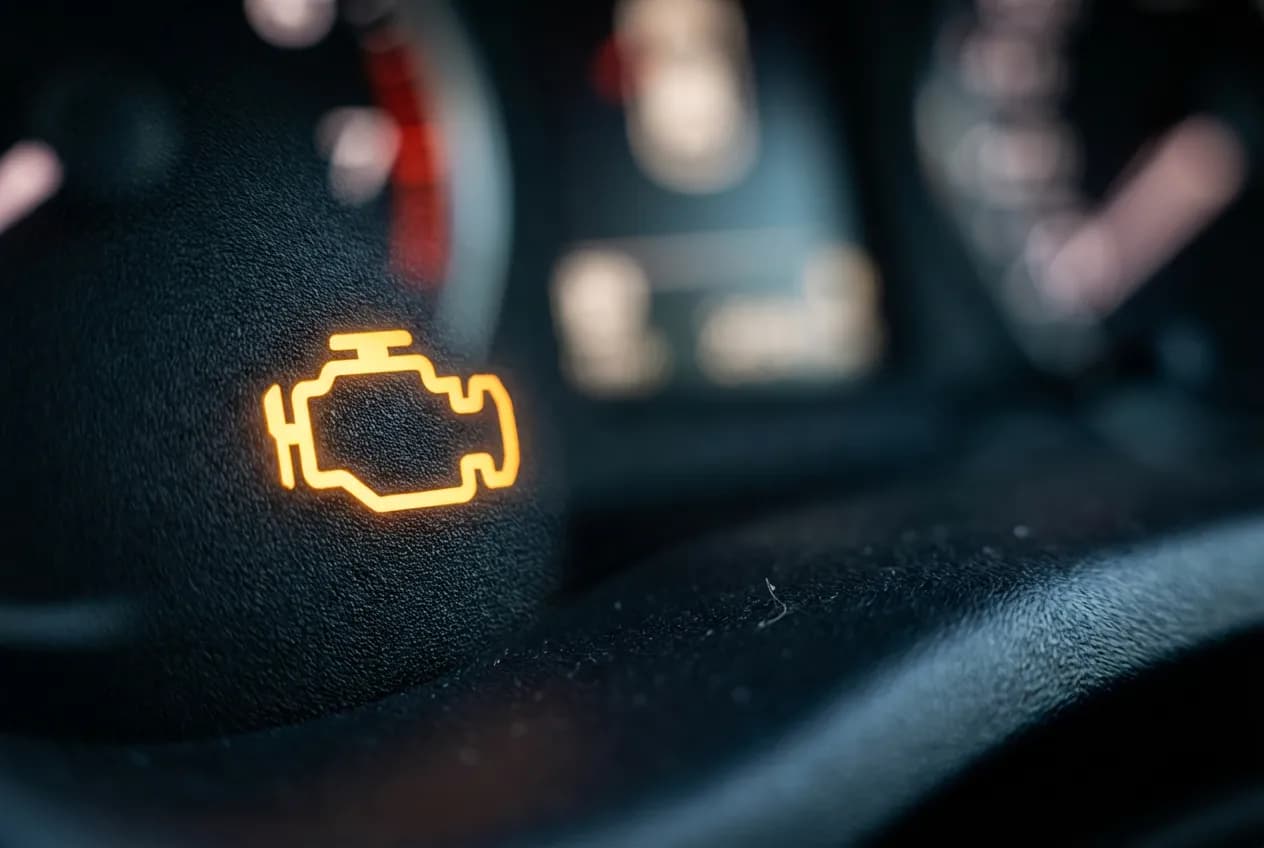 Défaut moteur Peugeot 3008 : causes et solutions pour réparer Gros plan sur le voyant moteur orange allumé sur le tableau de bord d'une Peugeot 3008, symbolisant un défaut.