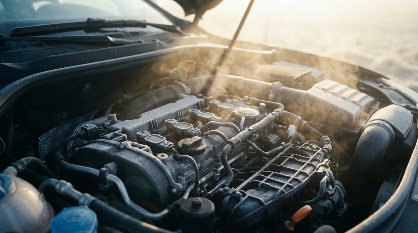 Circuit de préchauffage d'un moteur diesel Vue cinématique d'un moteur diesel par matinée froide, mettant en évidence le système de préchauffage lié au code défaut DF025.