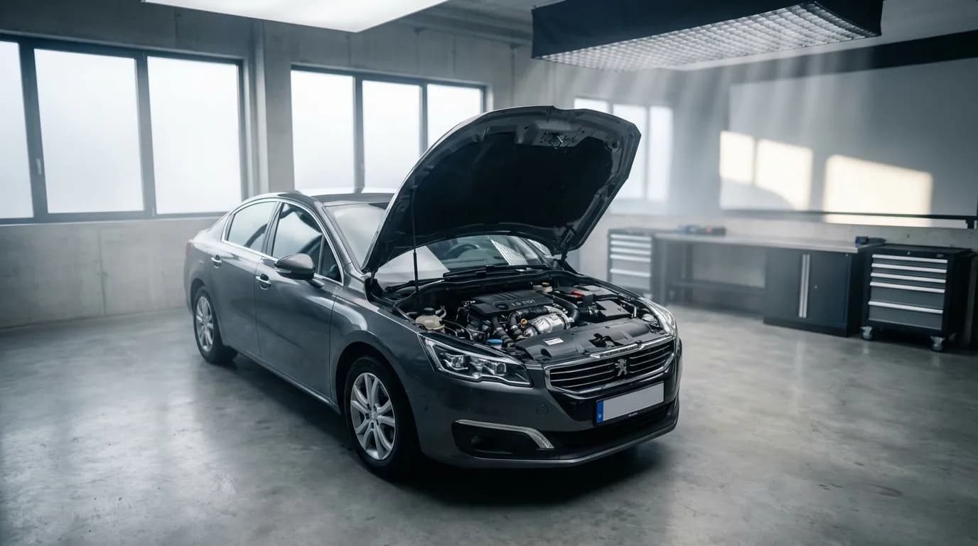 Moteur Peugeot 1.6 HDi et code P0093 Bannière cinématique d'un moteur Peugeot 1.6 HDi dans un garage moderne, illustrant le diagnostic du code erreur P0093.