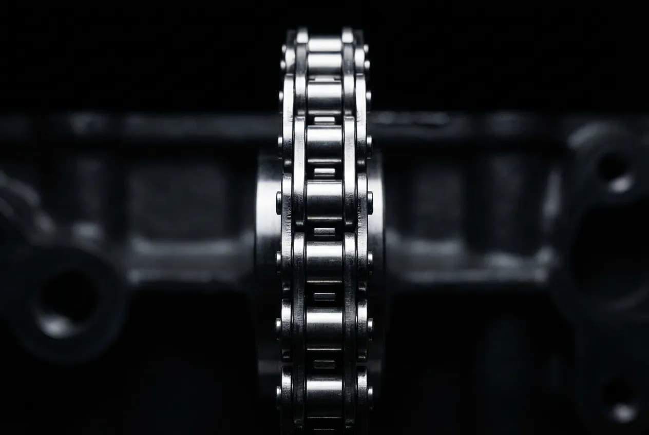 Moteur 1.6 PureTech 180 : Courroie ou Chaîne ? Verdict Gros plan iconique d'une chaîne de distribution de moteur, symbolisant la fiabilité du moteur 1.6 PureTech 180.