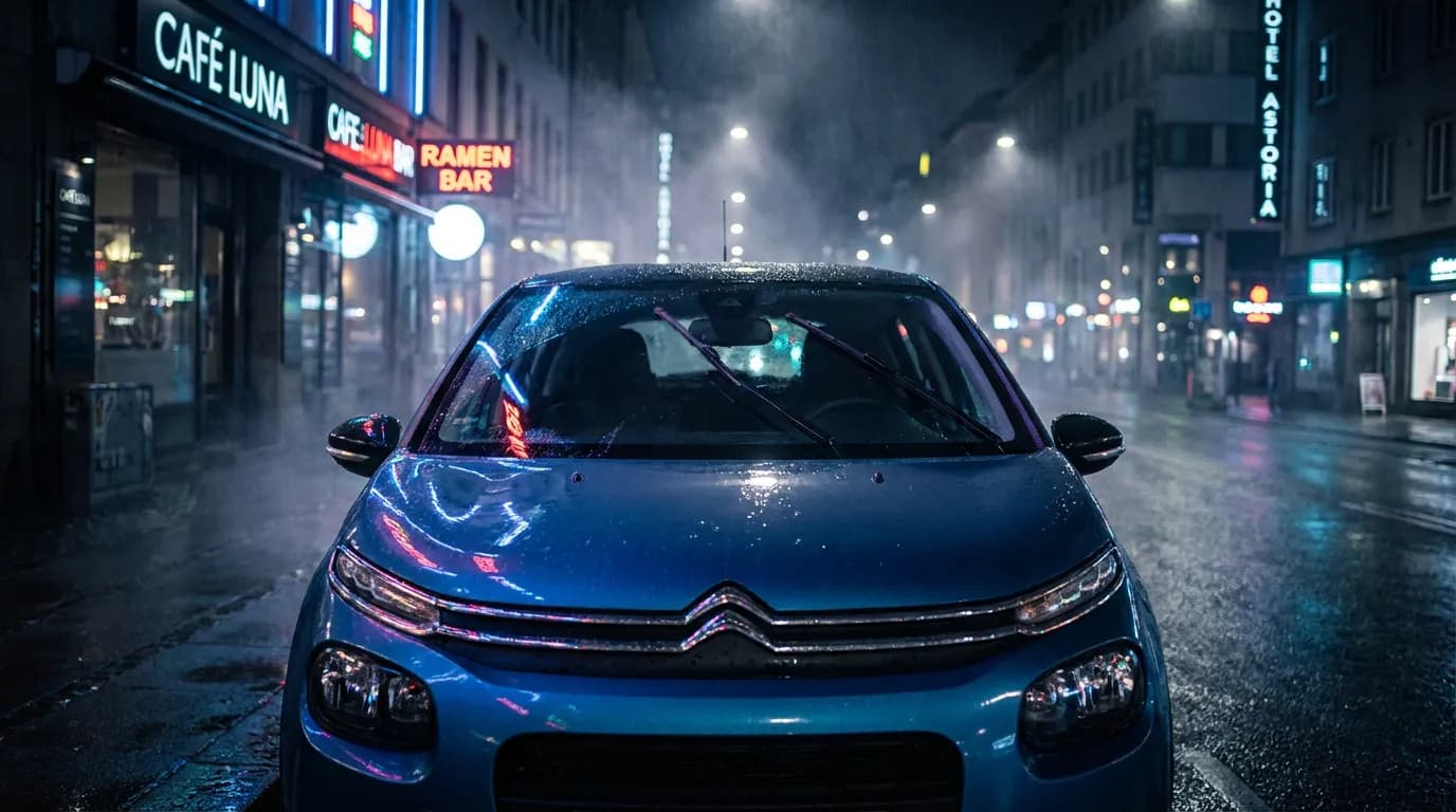 Lave-glace d'une Citroën C3 en action Vue cinématique d'une Citroën C3 de nuit sous la pluie, avec le lave-glace en action, créant une projection d'eau sur le pare-brise.