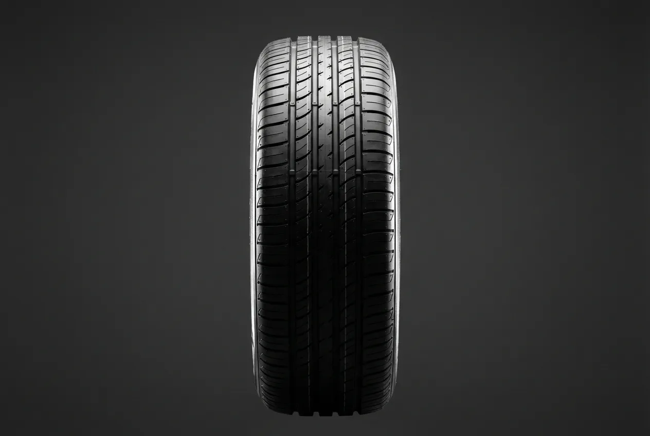Gros plan de la bande de roulement d'un pneu Sunny neuf, sur fond sombre et minimaliste, pour un aperçu clair de sa sculpture.