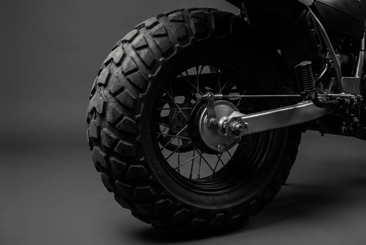 Miniature en gros plan du pneu arrière emblématique de la Yamaha TW 125, capturé en studio avec un éclairage contrasté.
