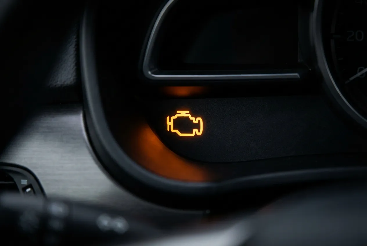 Gros plan sur un voyant moteur orange allumé sur un tableau de bord, représentant un symptôme du code d'erreur P0409.