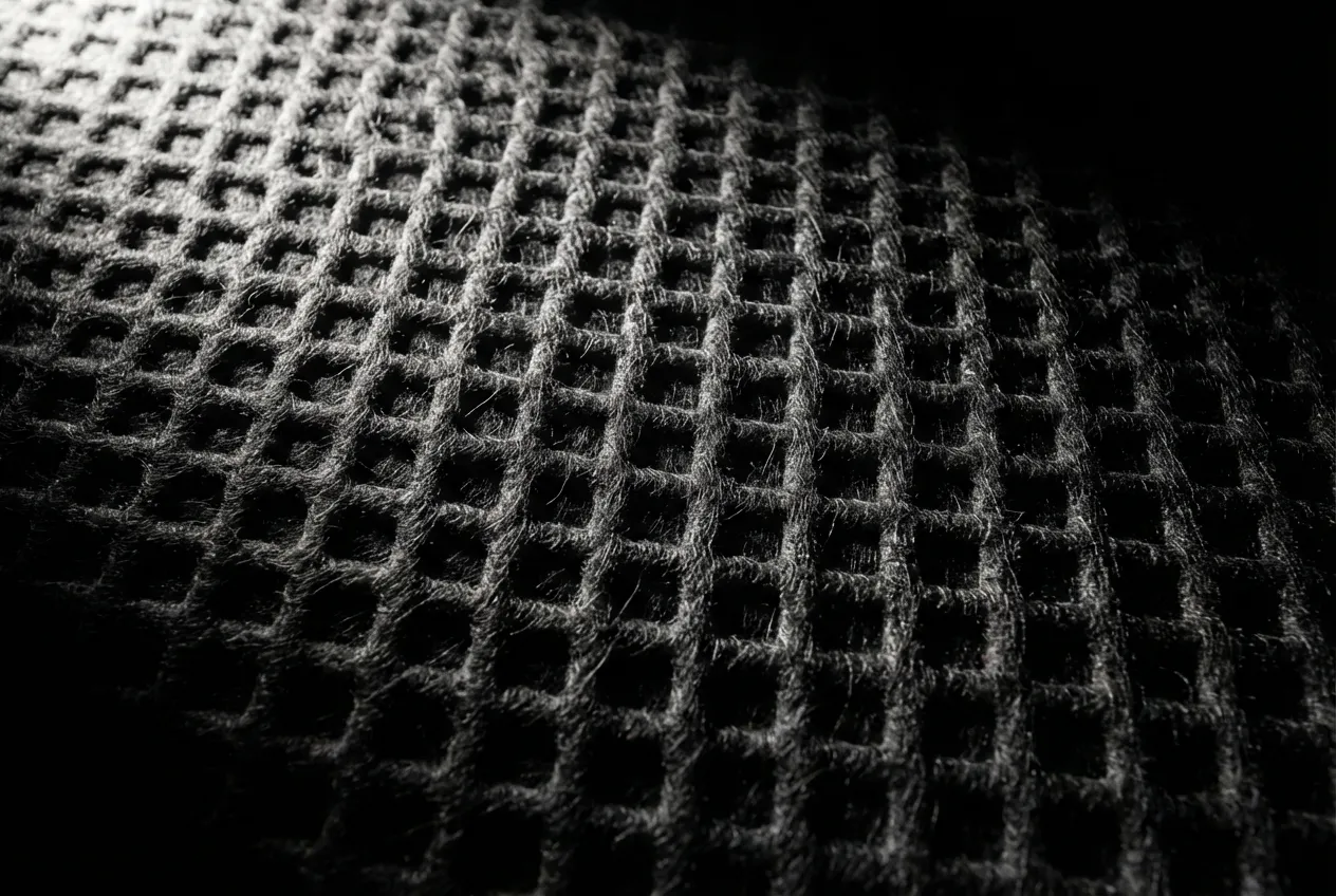 Gros plan macro et minimaliste de la texture d'un isolant de capot moteur, sur fond noir, pour illustrer le matériel de réparation.